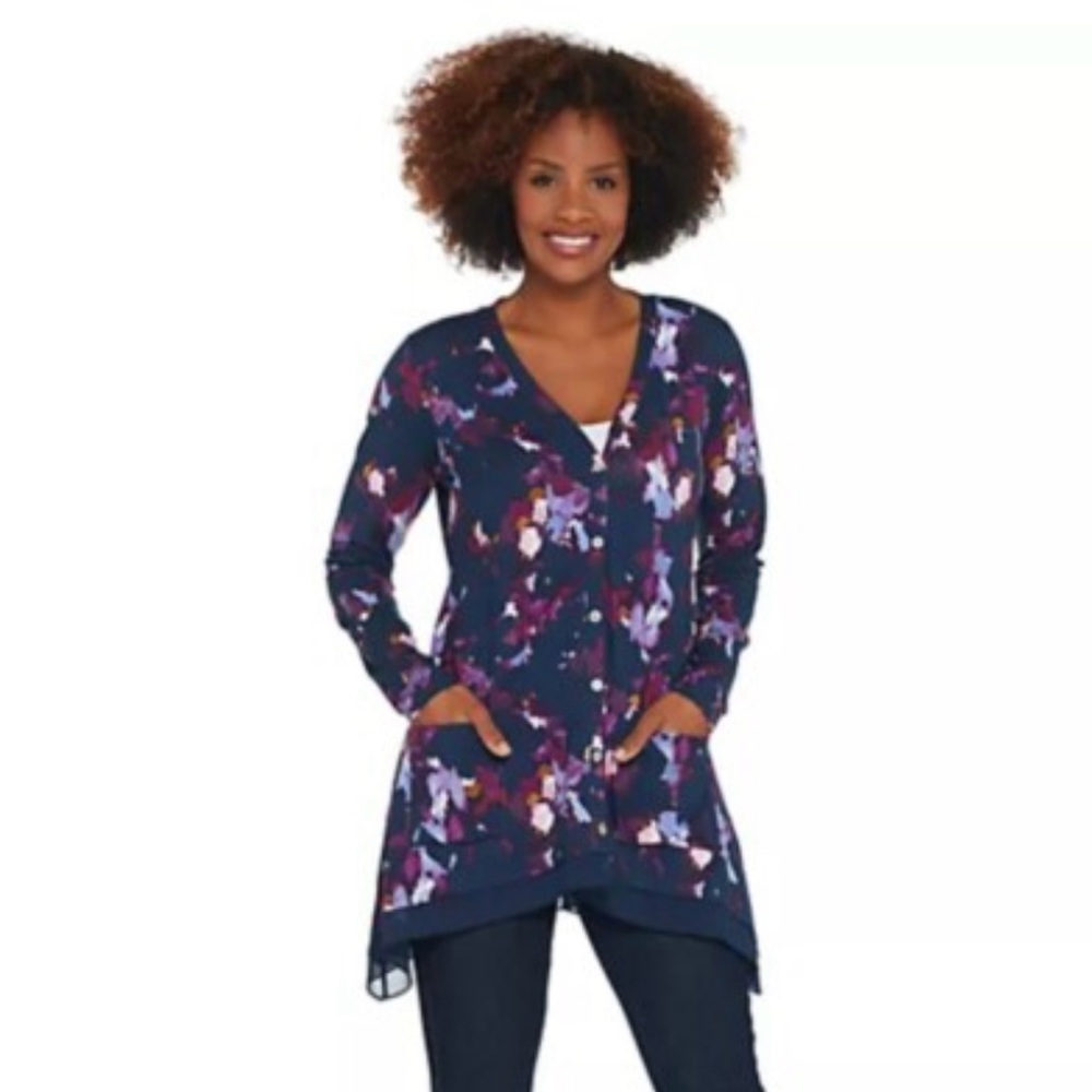 Logo Floral V-Neck Cardigan with Chiffon Trim